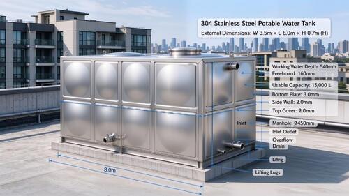 kasus perusahaan terbaru tentang 15,000L 304 Stainless Steel Potable Water Tank for Commercial Apartment Rooftop Water Supply