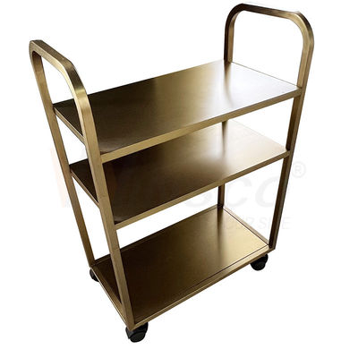 Fabrikasi Logam Baja Tahan Karat Titanium Emas Disikat Selesai Trolley Makan Dorong Tangan Restoran