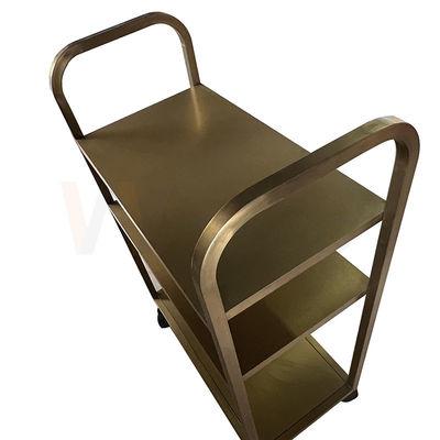 Fabrikasi Logam Baja Tahan Karat Titanium Emas Disikat Selesai Trolley Makan Dorong Tangan Restoran