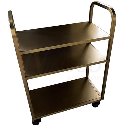 Fabrikasi Logam Baja Tahan Karat Titanium Emas Disikat Selesai Trolley Makan Dorong Tangan Restoran