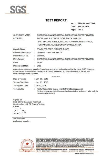 Cina (GuangDong)Foshan Winsco Metal Products Co., Ltd. Sertifikasi