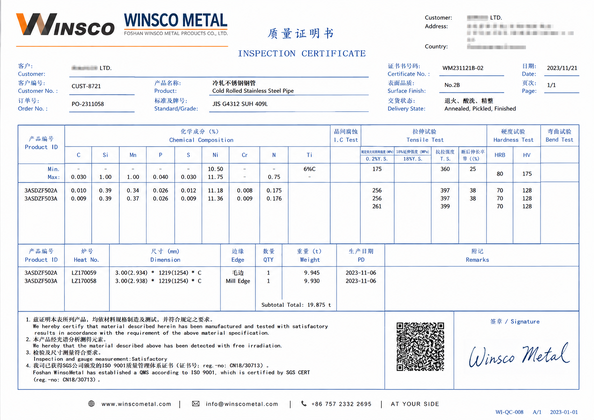Cina (GuangDong)Foshan Winsco Metal Products Co., Ltd. Sertifikasi