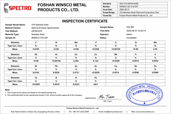 Cina (GuangDong)Foshan Winsco Metal Products Co., Ltd. Sertifikasi