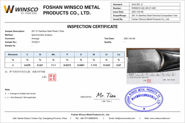 Cina (GuangDong)Foshan Winsco Metal Products Co., Ltd. Sertifikasi