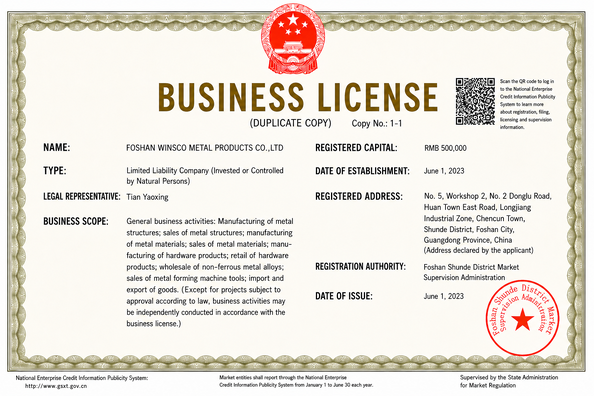Cina (GuangDong)Foshan Winsco Metal Products Co., Ltd. Sertifikasi